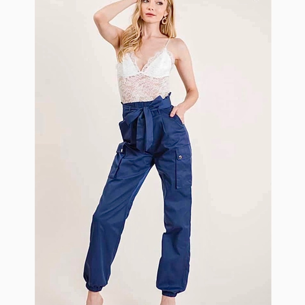 White Lace Top w/ Navy Pants Jumpsuit